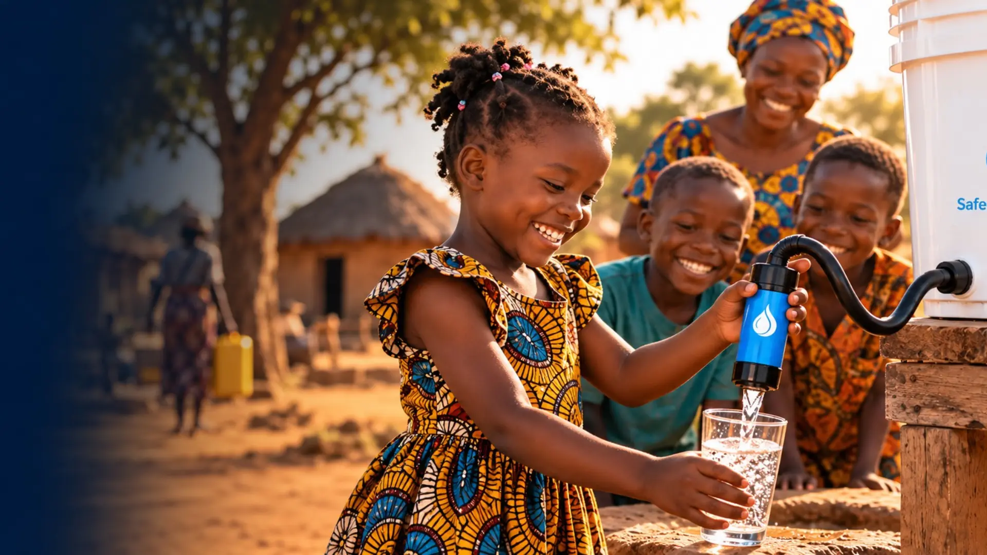 Girl filling a glass with clean water from a filter while a woman and children watch
