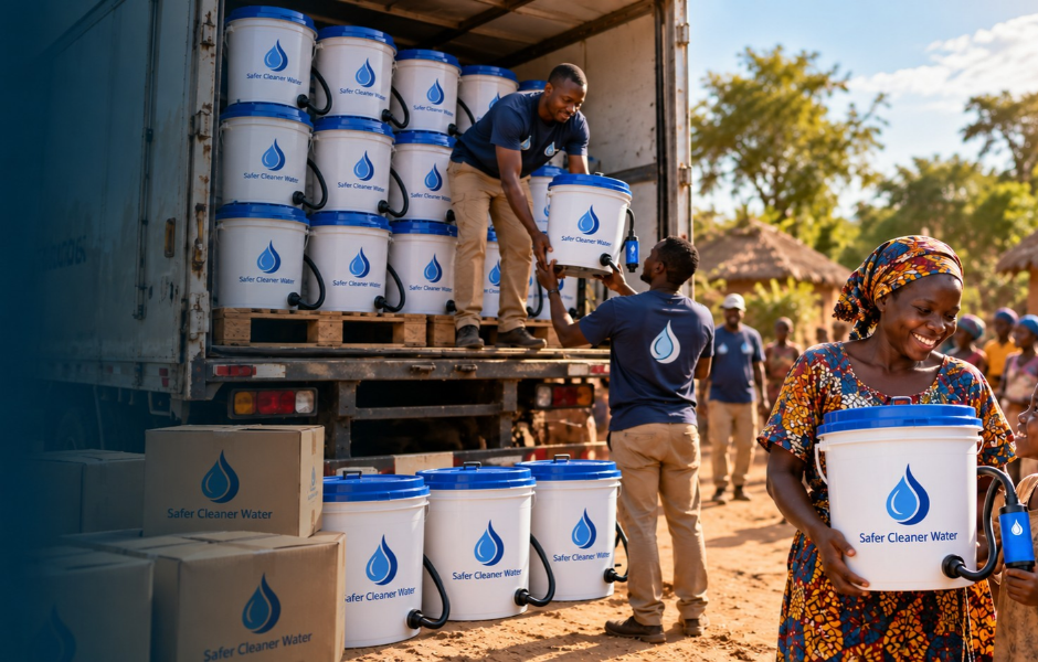 Aid workers unloading water filtration buckets from a delivery truck while a woman in a patterned dress holds one