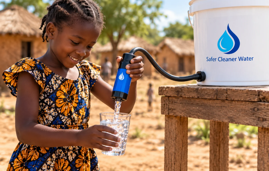 Girl pouring clean water from a Safer Cleaner Water filter bucket into a glass