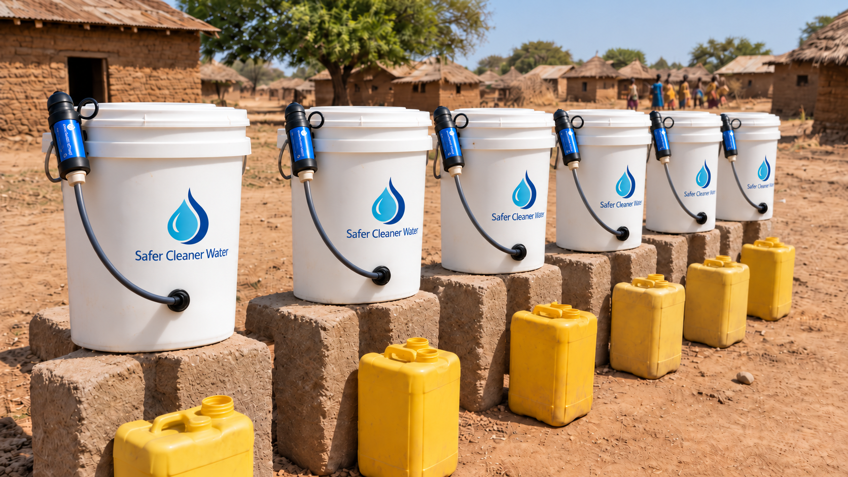 Row of Safer Cleaner Water filtration buckets raised on mud bricks with yellow jerrycans in front