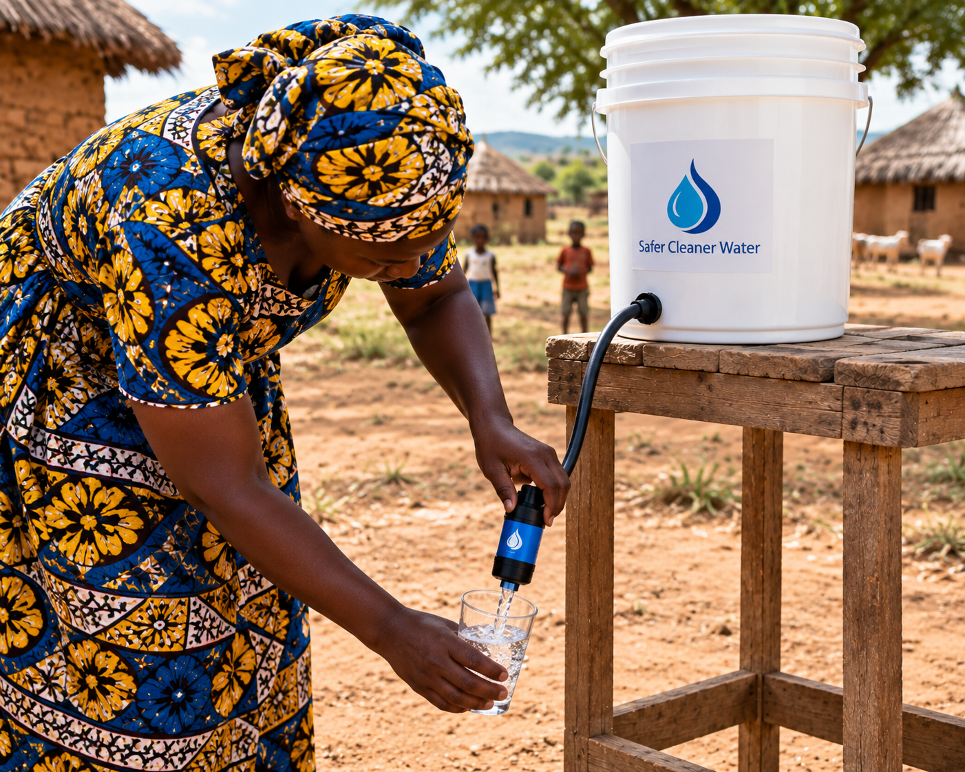A woman in a patterned dress fills a glass with clean water from a portable filter in a village