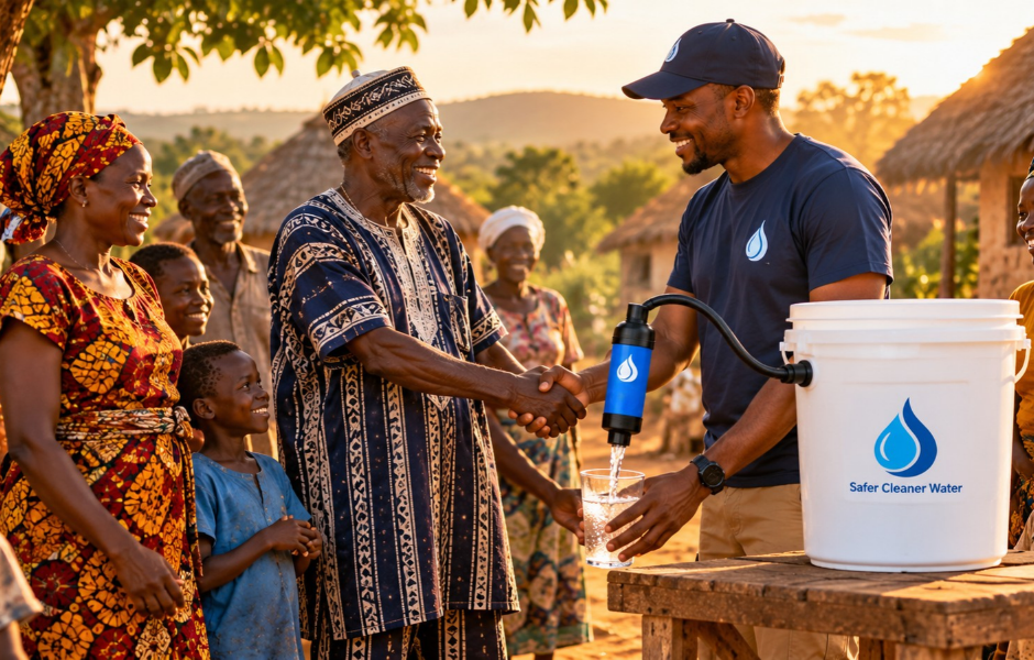 An aid worker shaking hands with a community elder across a wooden table beside a Safer Cleaner Water bucket filter as a woman and boy look on