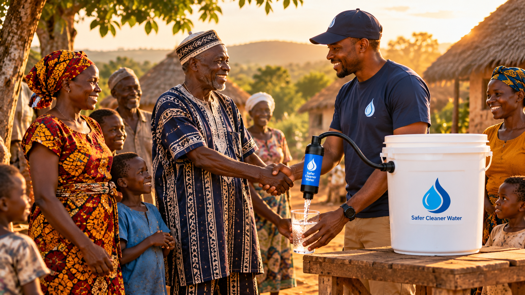 An aid worker shaking hands with a community elder beside a Safer Cleaner Water bucket filter as villagers look on