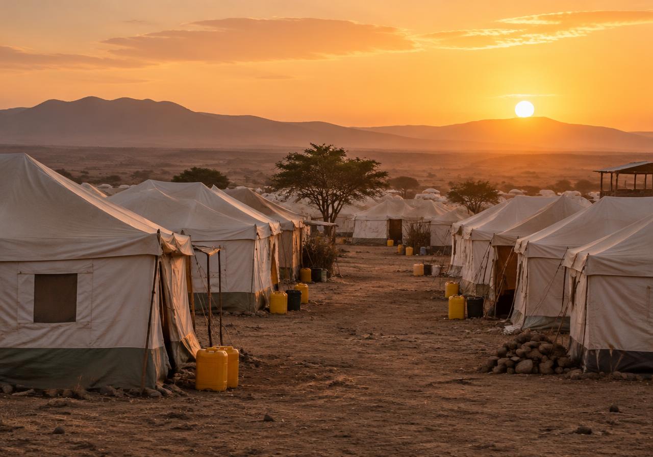 Tents in Kakuma at sunset with yellow water containers